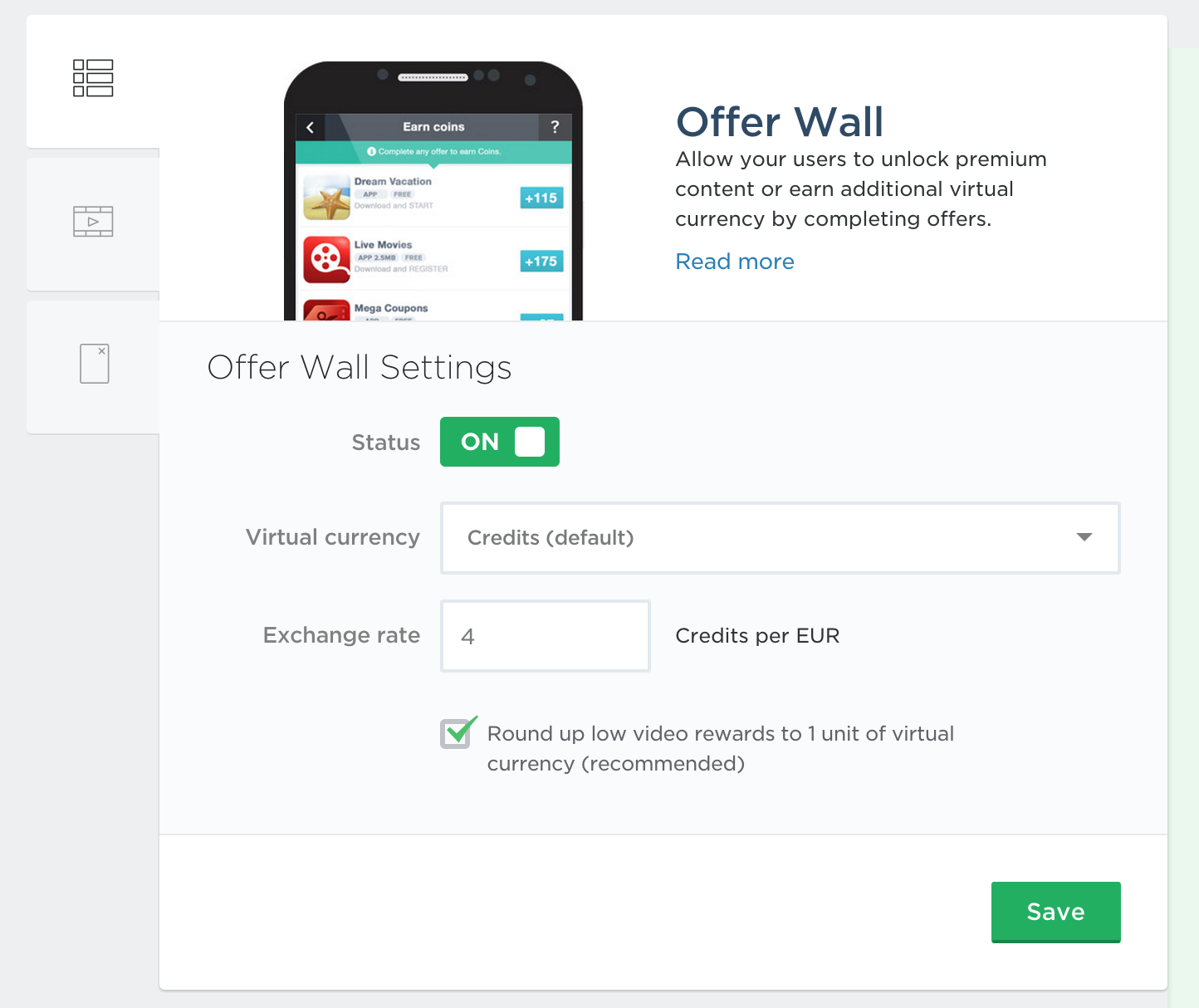 Fyber offer wall settings page